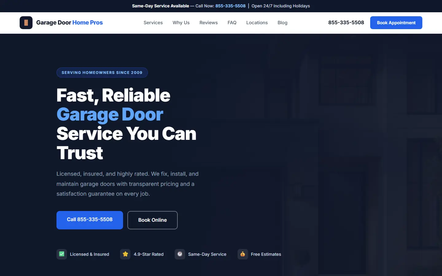Garage Door Home Pros homepage before the redesign: a blue header and a flat dark banner